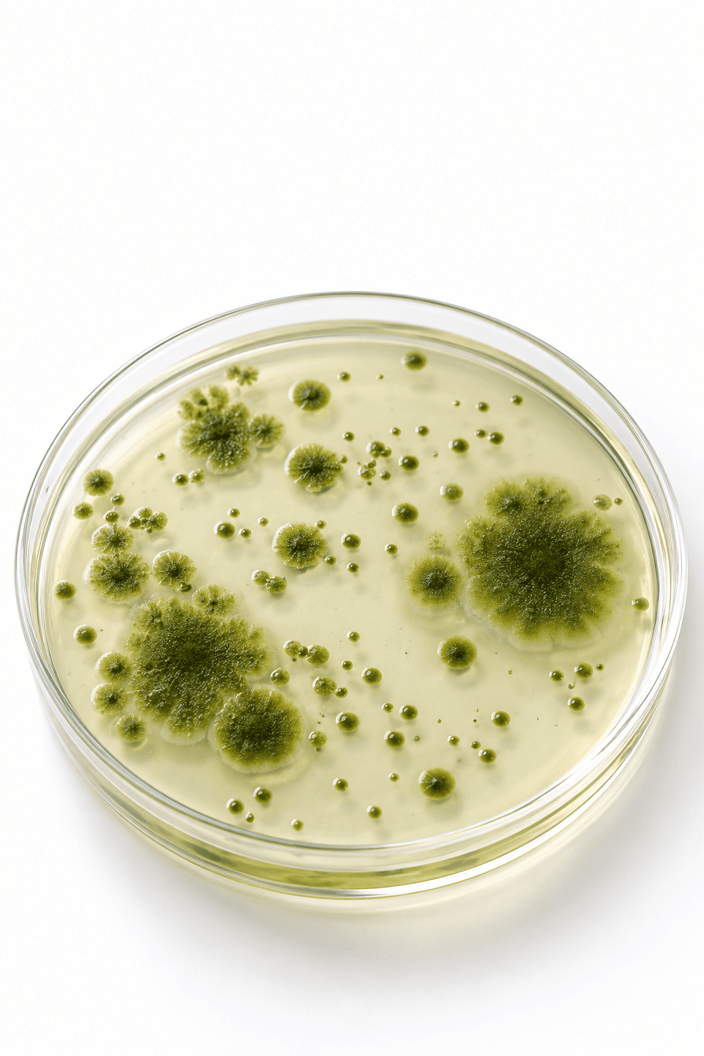 Green colonies in a clear petri dish
