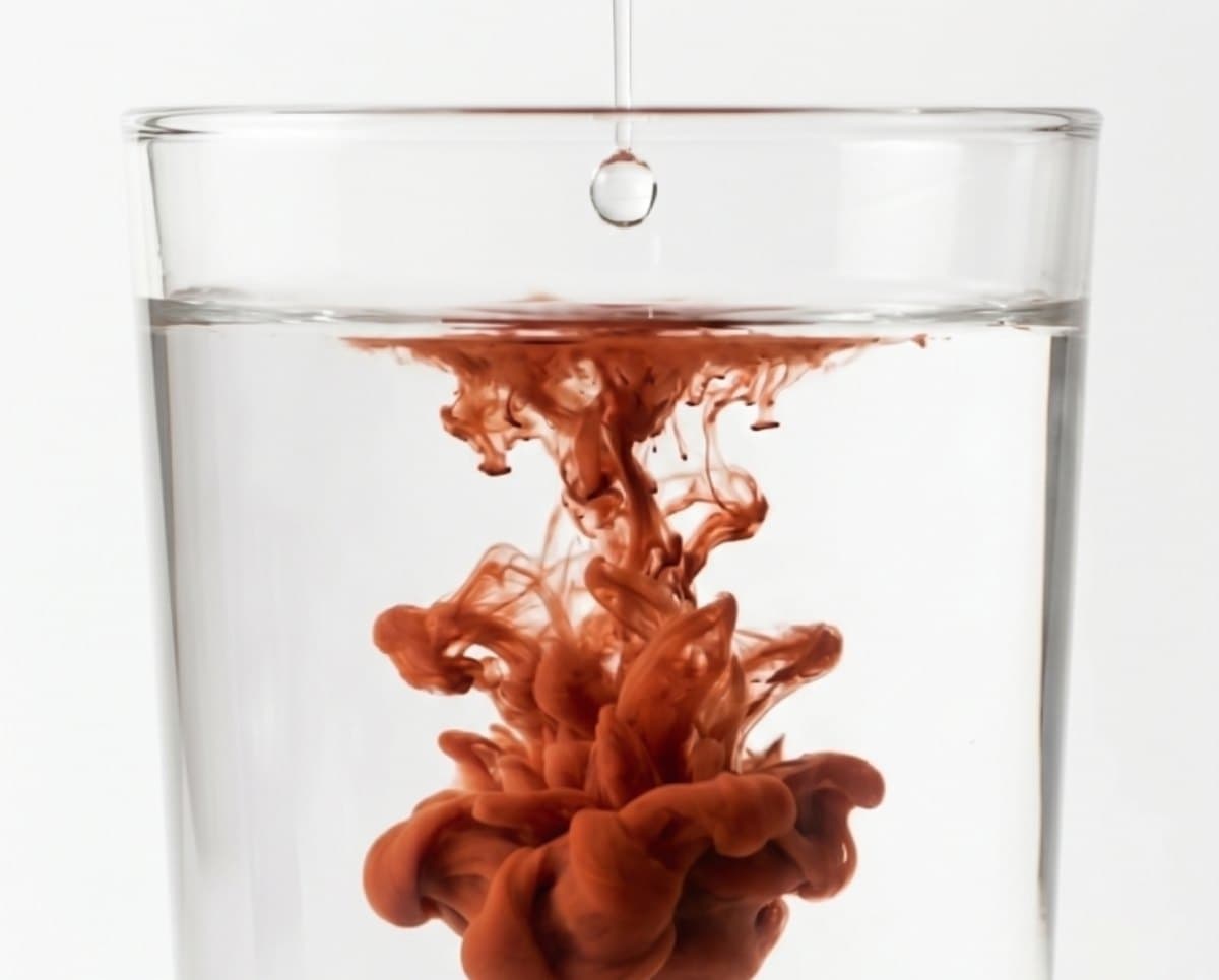 Rust-red dye blooming into a glass of water